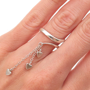 925 Sterling Silver Vintage Heart Tassel Dangle Adjustable Ring Size 4.75