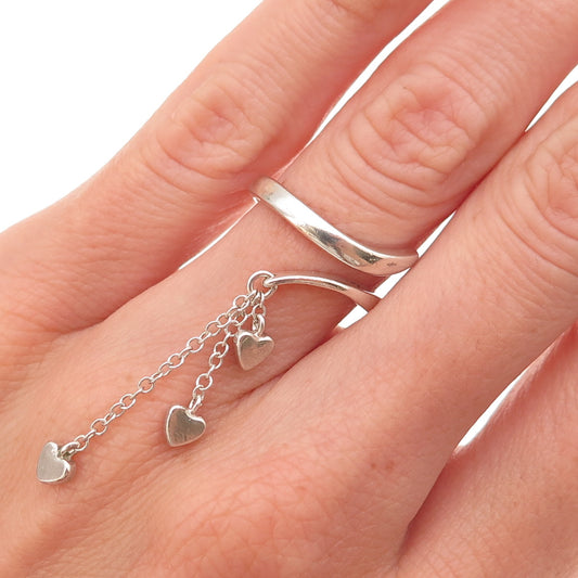 925 Sterling Silver Vintage Heart Tassel Dangle Adjustable Ring Size 4.75
