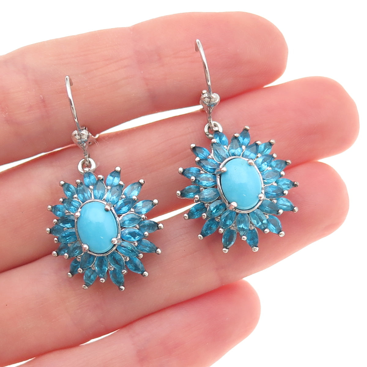 D'Joy 925 Sterling Silver Real Sleeping Beauty Turquoise Apatite Dangle Earrings