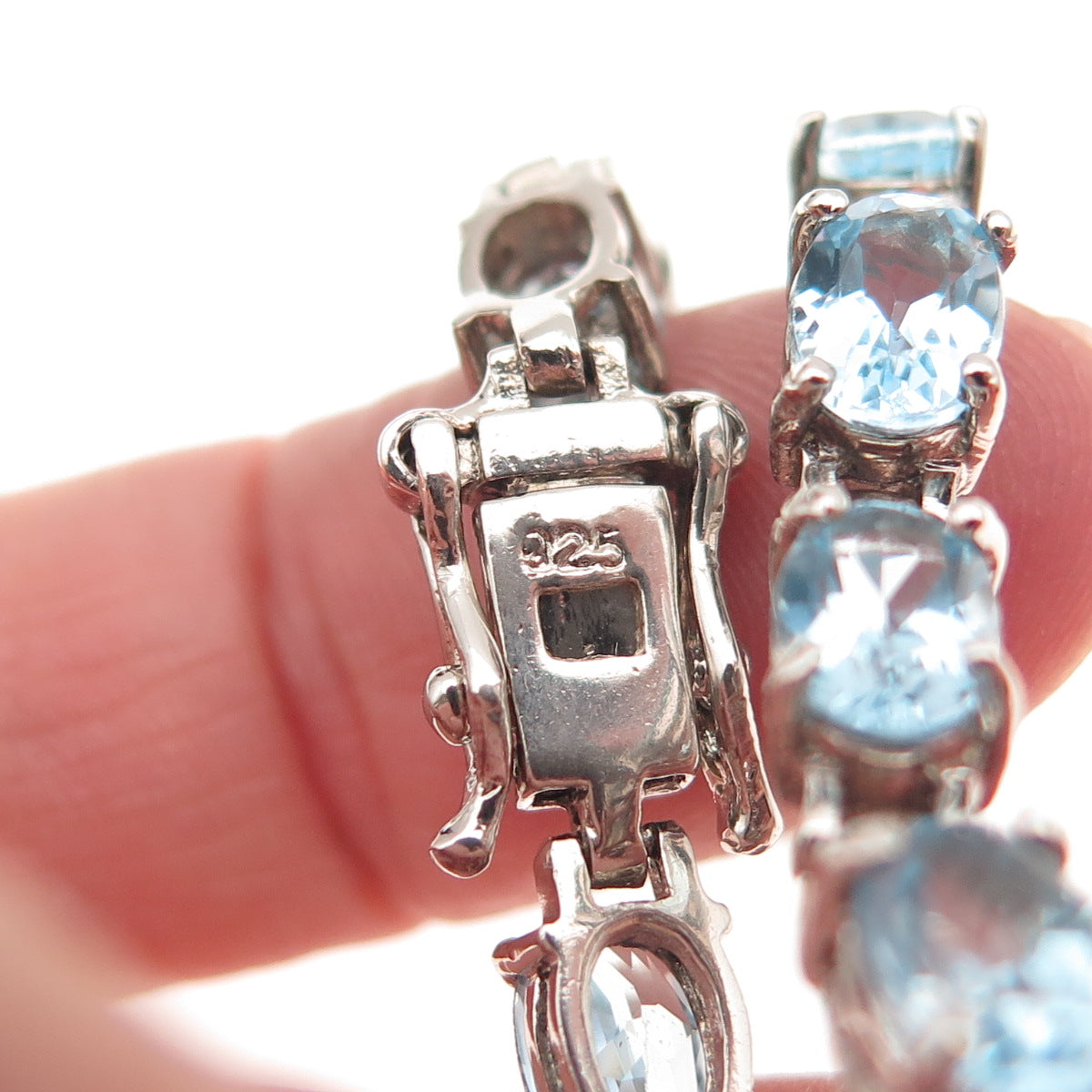 925 Sterling Silver Vintage Real Oval-Cut Blue Topaz Oxidized Bracelet 7.25"