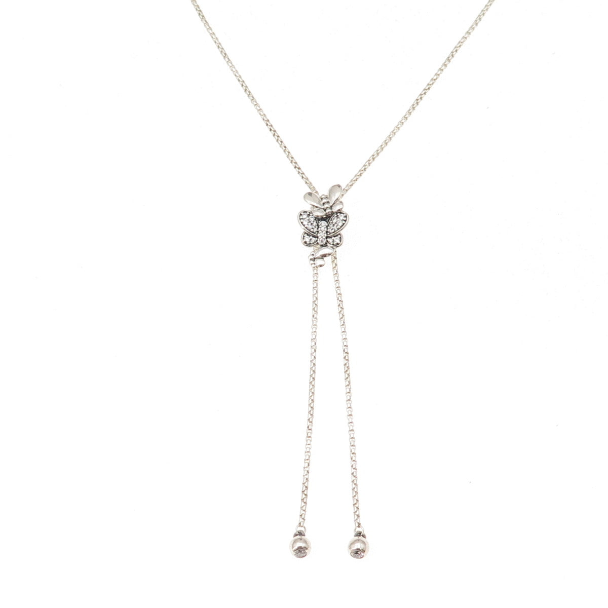 Pandora Sterling Silver C Z Butterfly Adjustable Round Box Chain Necklace 32"