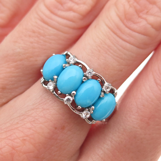 925 Sterling Silver Real Sleeping Beauty Turquoise & White Topaz Ring Size 8