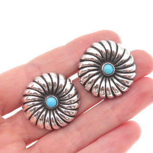 Morning Sun 925 Sterling Silver Vintage Real Turquoise Flower Oxidized Earrings