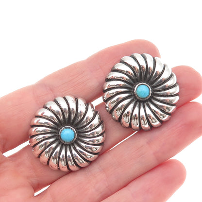 Morning Sun 925 Sterling Silver Vintage Real Turquoise Flower Oxidized Earrings