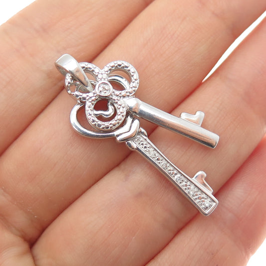 925 Sterling Silver Real Round-Cut Diamond Heart & Club Key Charm Pendant