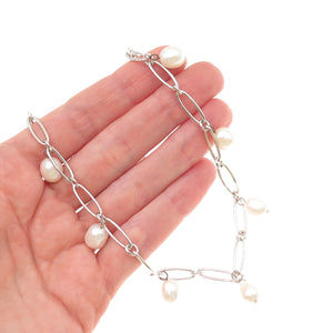 925 Sterling Silver Real Baroque Pearl Oval Chain Necklace 18"
