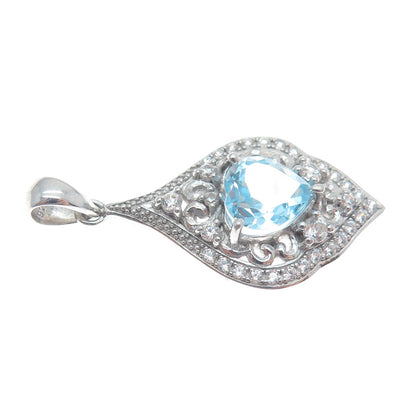 925 Sterling Silver Real Heart-Cut Blue Topaz Gem & C Z Cluster Pendant