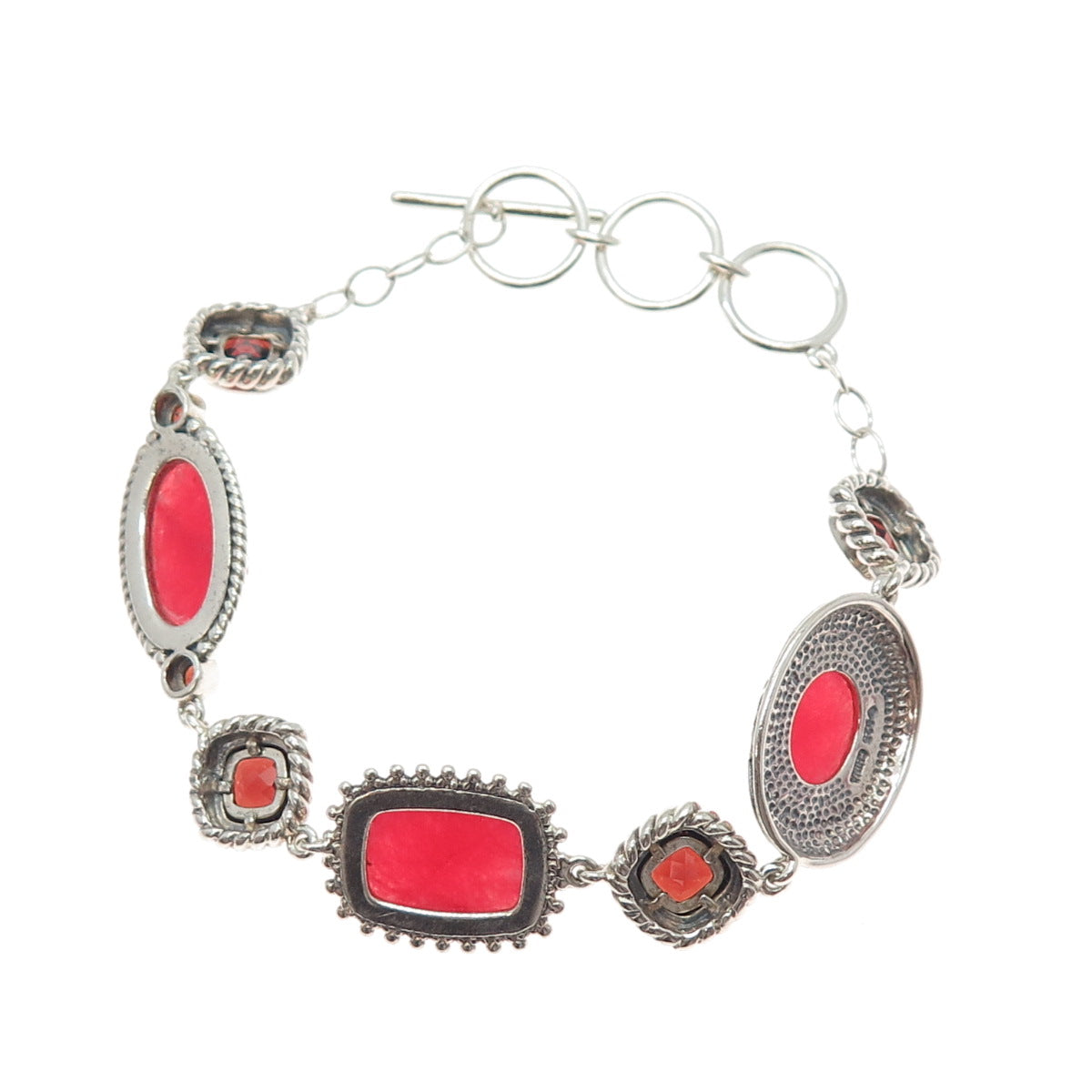 925 Sterling Silver Vintage Real Cherry Quartz & Red Garnet Bracelet 6-7.25"