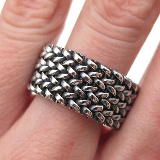 925 Sterling Silver Vintage Italy Mesh Oxidized Wide Band Ring Size 9