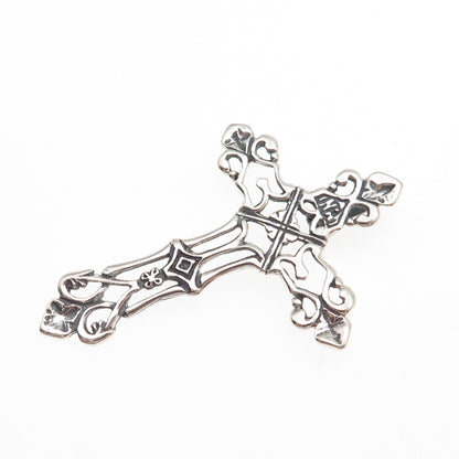 925 Sterling Silver Vintage Fleur de Lis Cross Oxidized Slide Pendant
