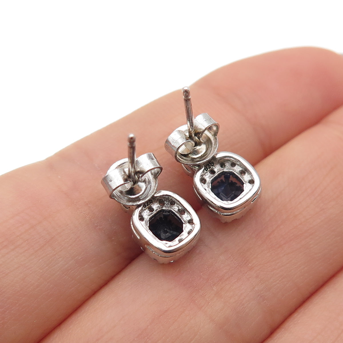 925 Sterling Silver Cushion-Cut Blue & Round-Cut White C Z Stud Earrings