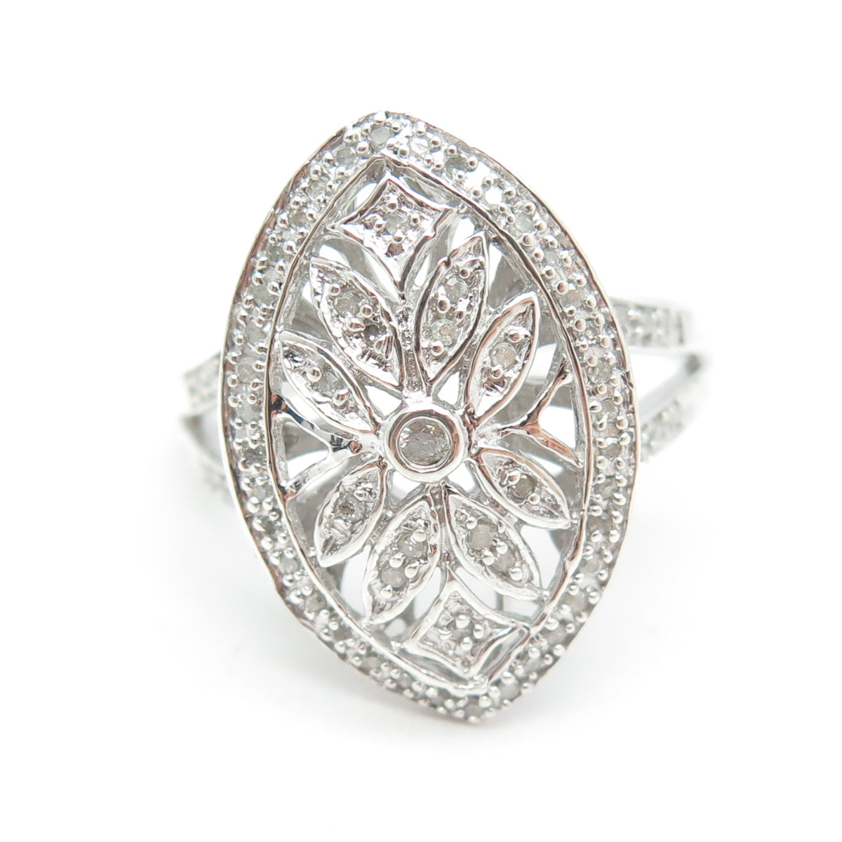 925 Sterling Silver Real Round-Cut Diamond Floral Ring Size 9.25