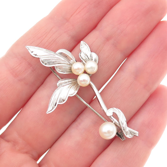 925 Sterling Silver Antique Japan Real Akoya Pearl Floral Pin Brooch