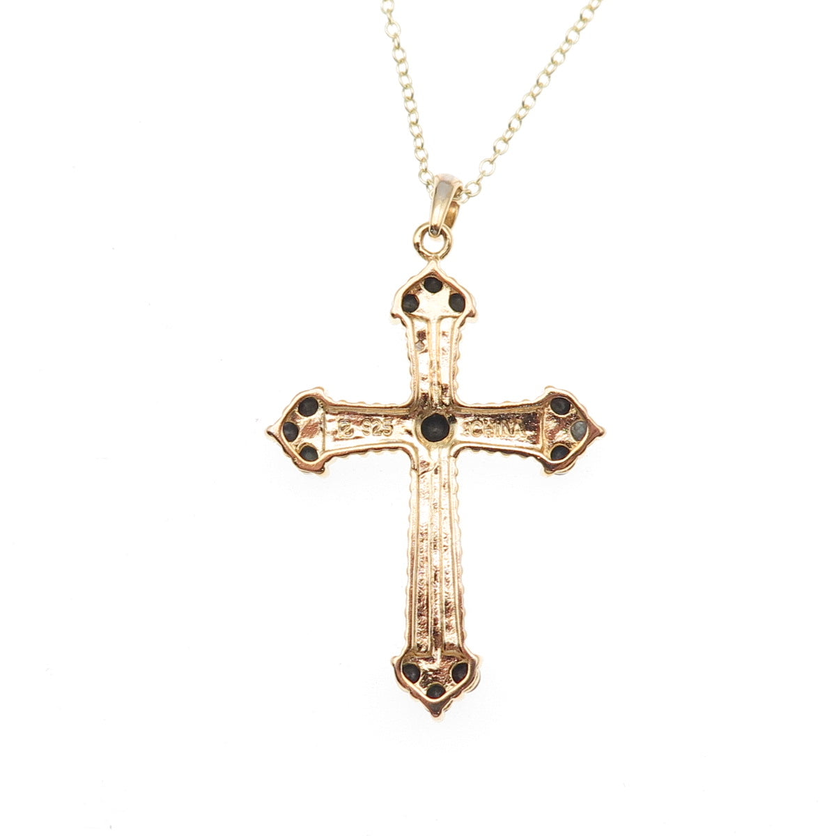 Ross Simons 925 Sterling Gold Plated Real Diamond & Sapphire Cross Necklace 18"