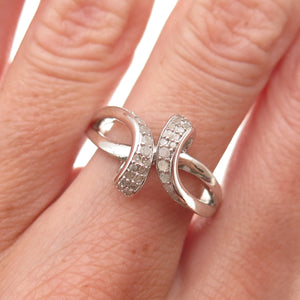 925 Sterling Silver Real Round-Cut Diamond Bypass Ring Size 8.25