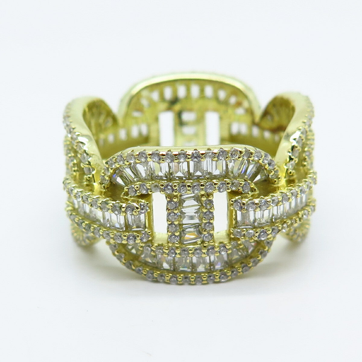 925 Sterling Silver Gold Plated Pave C Z Chain Band Ring Size 10.25