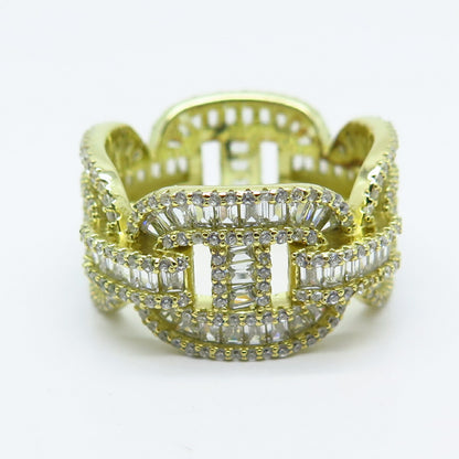 925 Sterling Silver Gold Plated Pave C Z Chain Band Ring Size 10.25