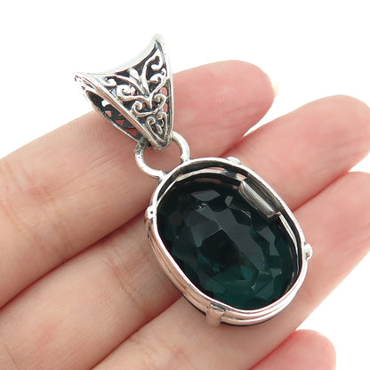 925 Sterling Silver Vintage Oval-Cut Dark Ocean Green Glass Ornate Pendant