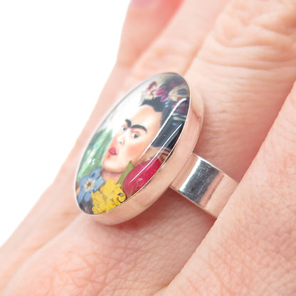 925 Sterling Silver Vintage Enamel Frida Kahlo Pressed Flowers Ring Size 8.75
