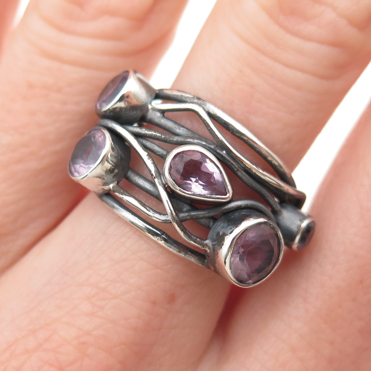 925 Sterling Silver Vintage Real Amethyst Modernist Oxidized Ring Size 7