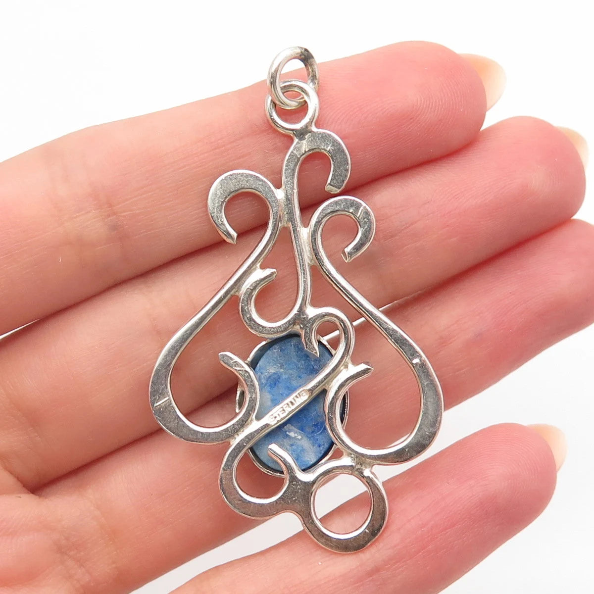 925 Sterling Silver Vintage Real Blue Agate Gemstone Ornate Pendant