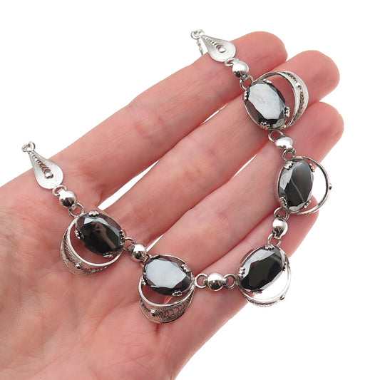 925 Sterling Silver Antique Art Deco Real Hematite Filigree Chain Necklace 16"