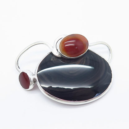 925 Sterling Silver Vintage Real Carnelian & Black Agate Gemstone Pin Brooch