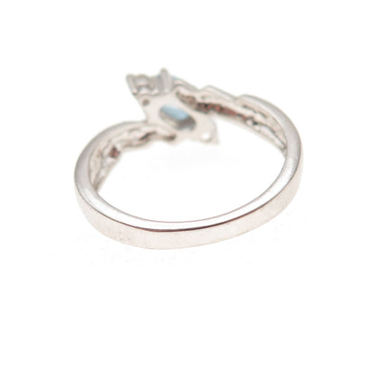 925 Sterling Silver Vintage Real Blue Topaz & C Z Bypass Ring Size 6.25