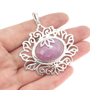 925 Sterling Silver Real Pink Sapphire Gemstone Ornate Pendant