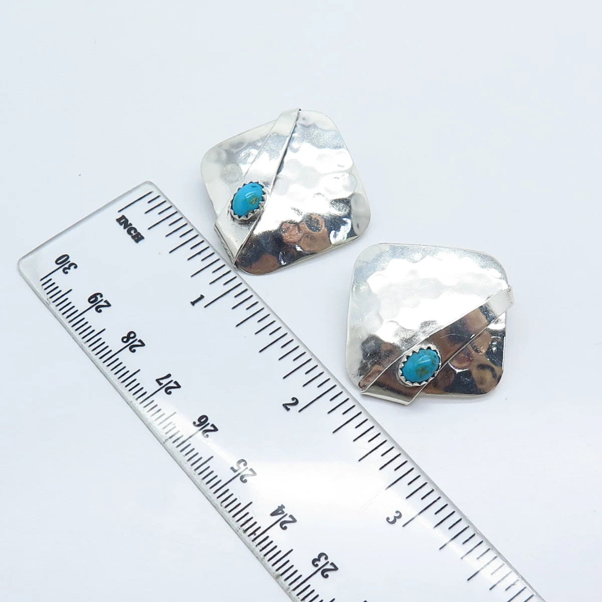 925 Sterling Silver Vintage Real Turquoise Gemstone Hammered Finish Earrings