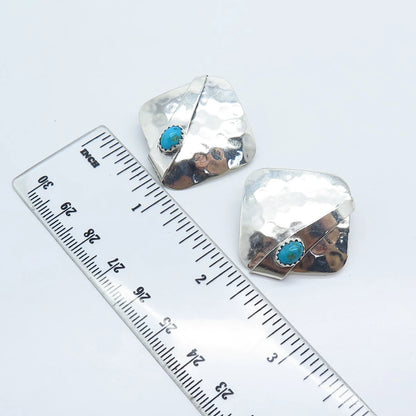 925 Sterling Silver Vintage Real Turquoise Gemstone Hammered Finish Earrings