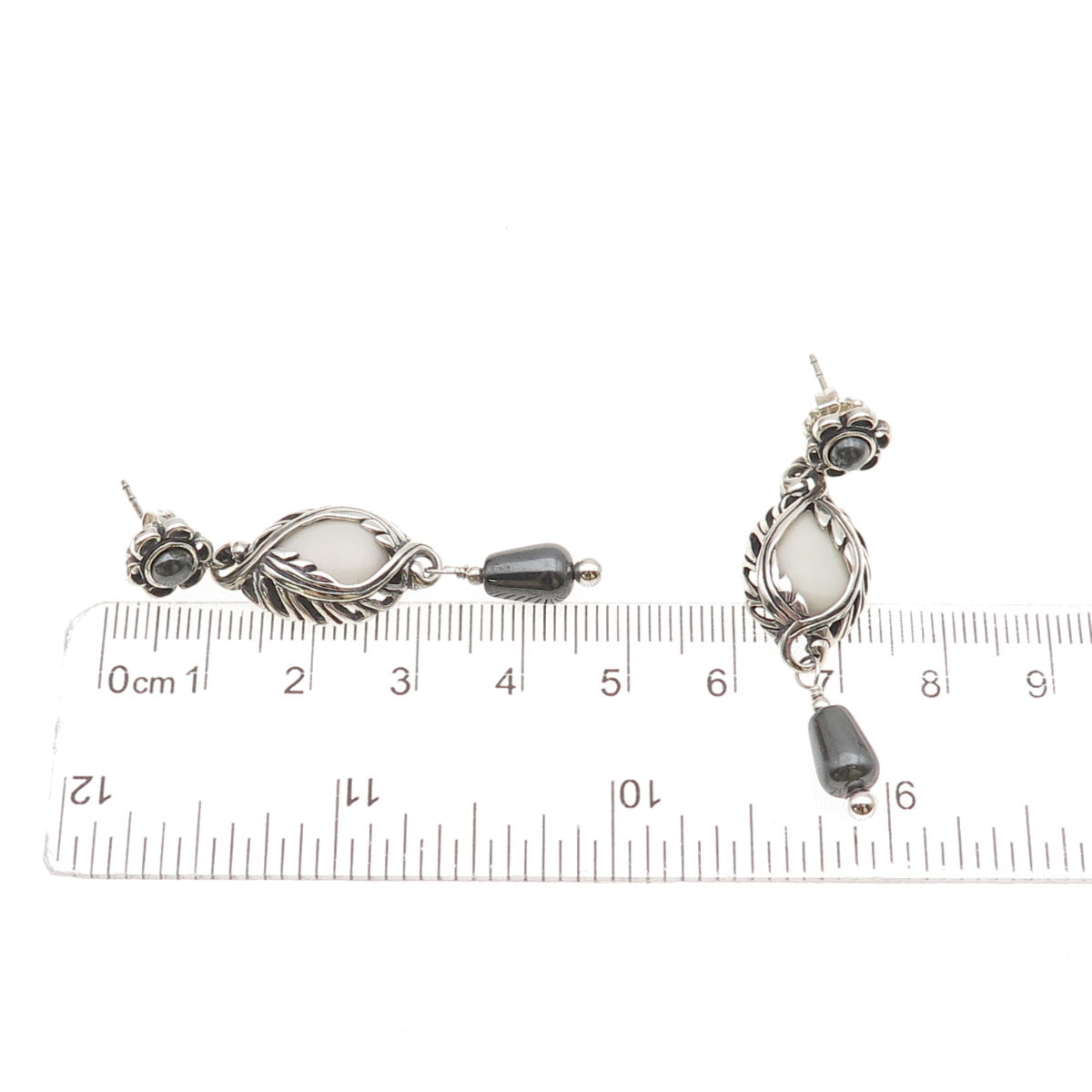 Carolyn Pollack Sterling Silver Vintage Real White Onyx Hematite Floral Earrings