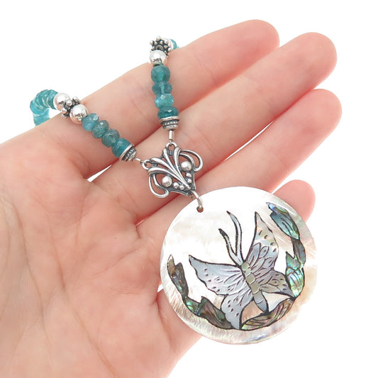 925 Sterling Silver Vintage Abalone Shell & Apatite Butterfly Chain Necklace 18"