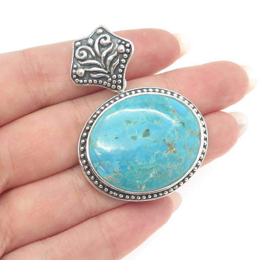 NK SILVER 925 Sterling Silver Vintage Real Turquoise Ornate Pendant