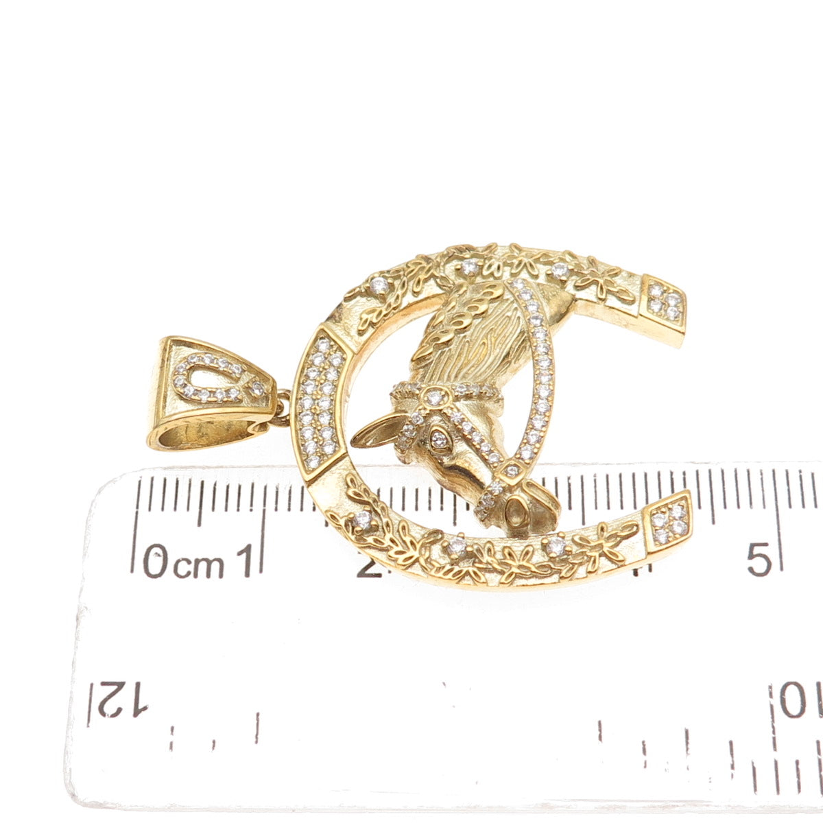 925 Sterling Silver Gold Plated Round-Cut C Z Horse & Horseshoe Pendant