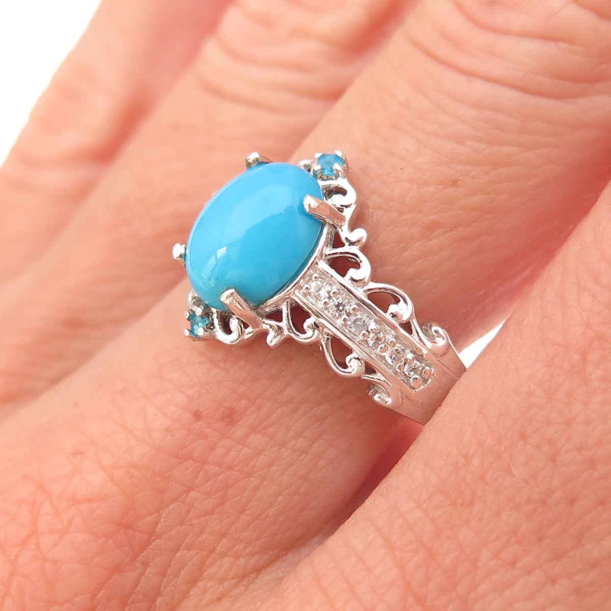 Chuck Clemency 925 Sterling Silver Real Turquoise & White Topaz Ring Size 8