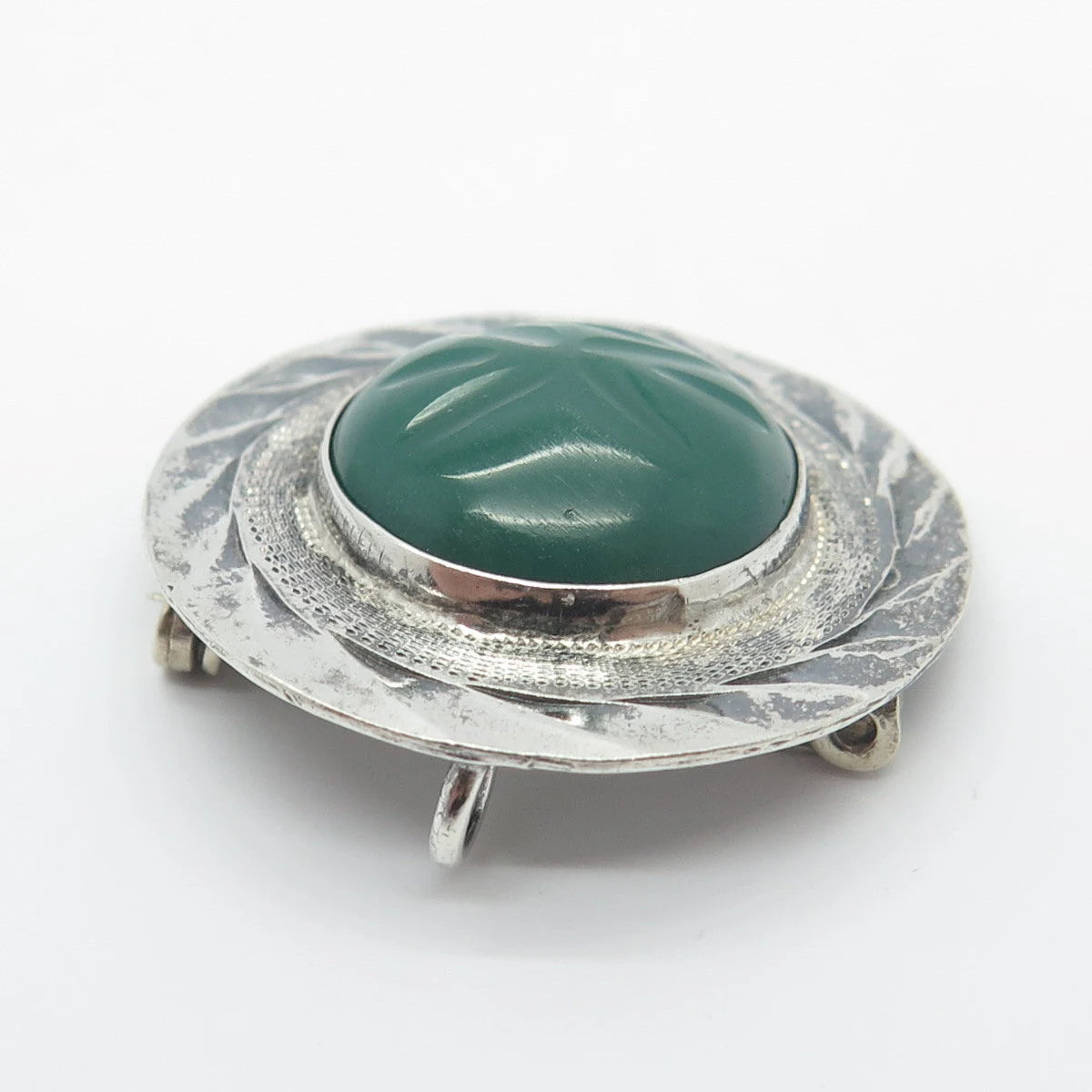925 Sterling Silver Vintage Mexico Real Green Onyx Gemstone Pin Brooch / Pendant