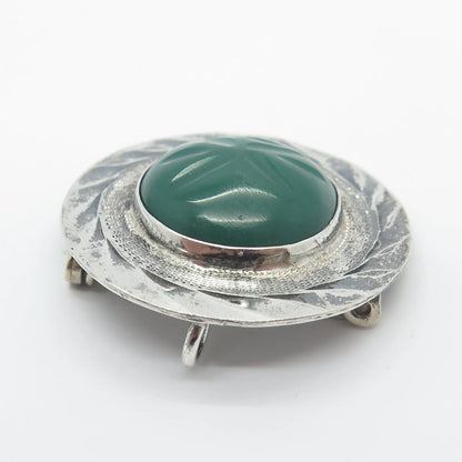 925 Sterling Silver Vintage Mexico Real Green Onyx Gemstone Pin Brooch / Pendant