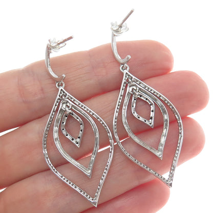 925 Sterling Silver Real Round-Cut Black & White Diamond Dangle Earrings