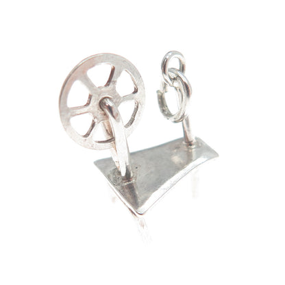 925 Sterling Silver Antique Art Deco Spinning Wheel Minimalist 3D Charm Pendant