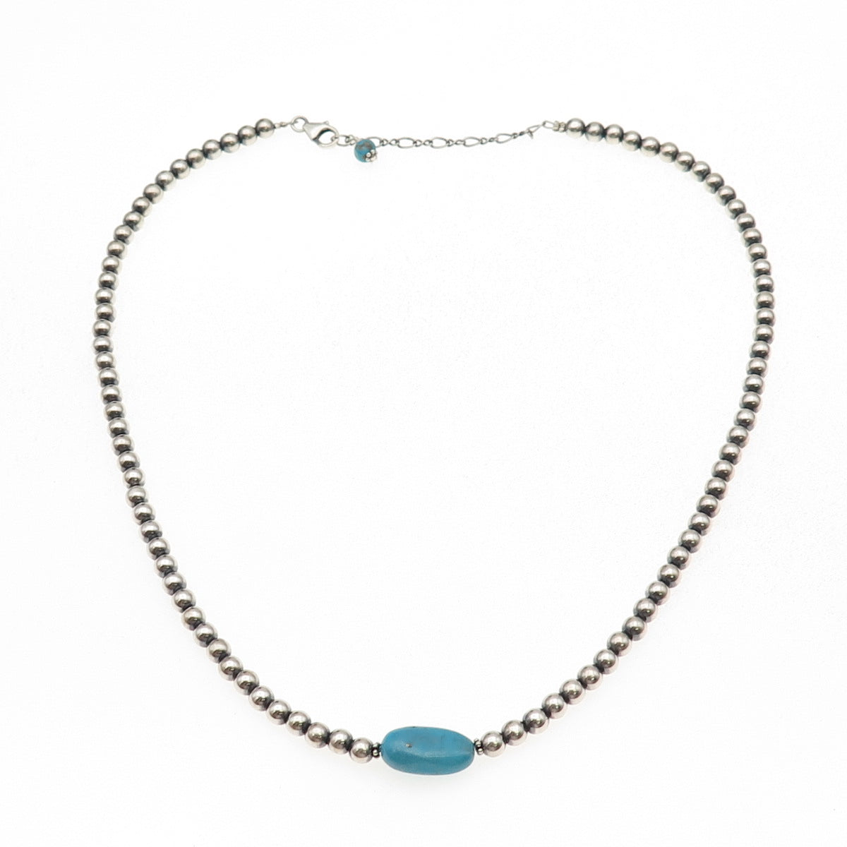 925 Sterling Silver Vintage Real Turquoise Ball Beaded Chain Necklace 16-18"