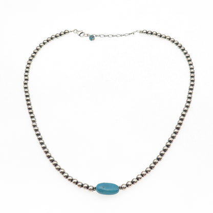 925 Sterling Silver Vintage Real Turquoise Ball Beaded Chain Necklace 16-18"