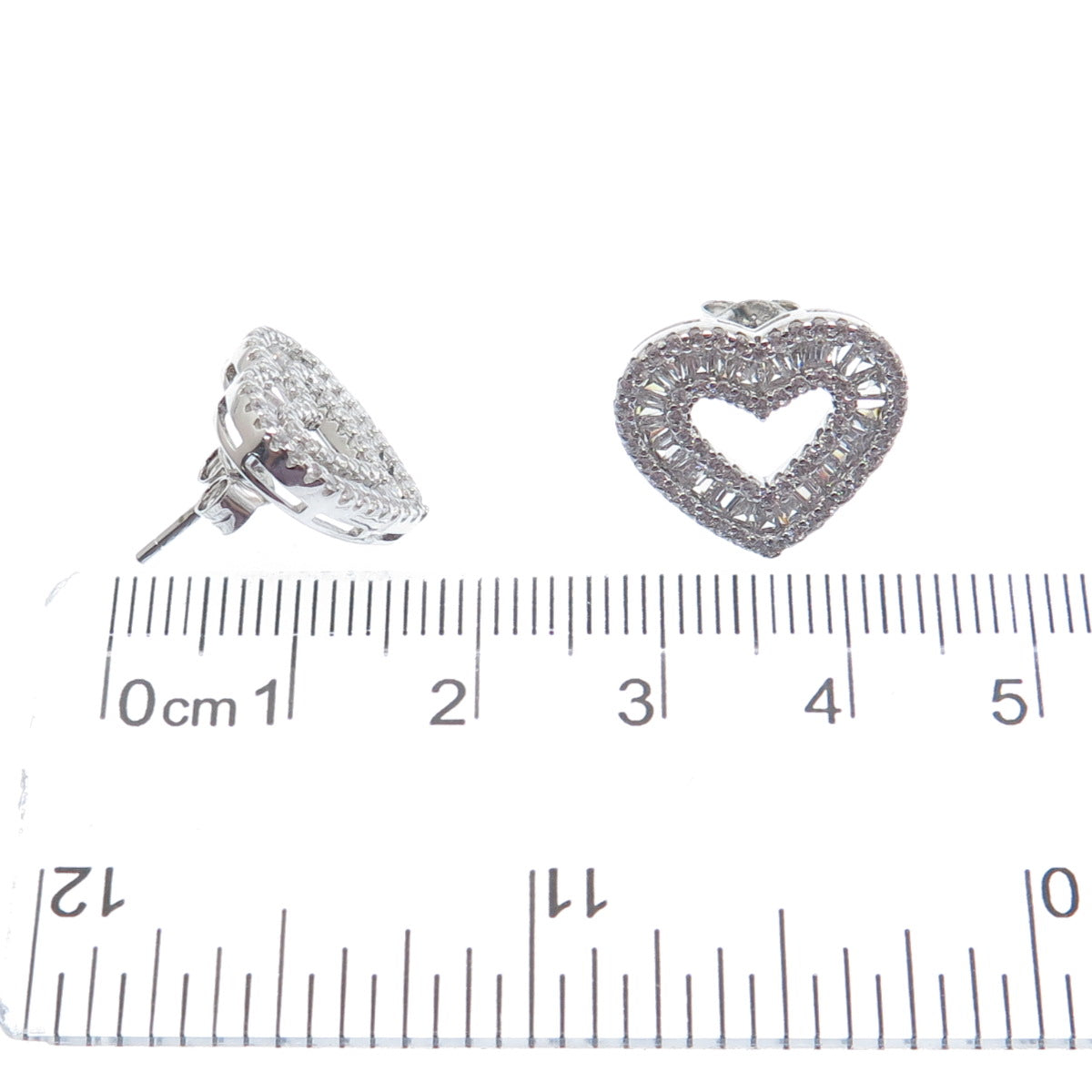 925 Sterling Silver Round & Tapered Baguette-Cut C Z Heart Stud Earrings