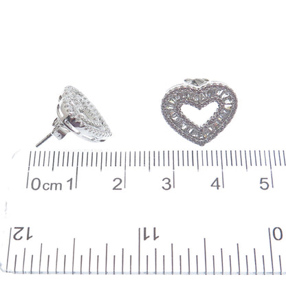 925 Sterling Silver Round & Tapered Baguette-Cut C Z Heart Stud Earrings