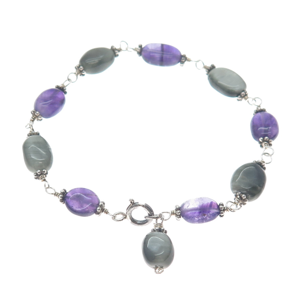 925 Sterling Silver Vintage Real Amethyst & Agate Oxidized Bracelet 7"