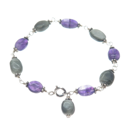 925 Sterling Silver Vintage Real Amethyst & Agate Oxidized Bracelet 7"