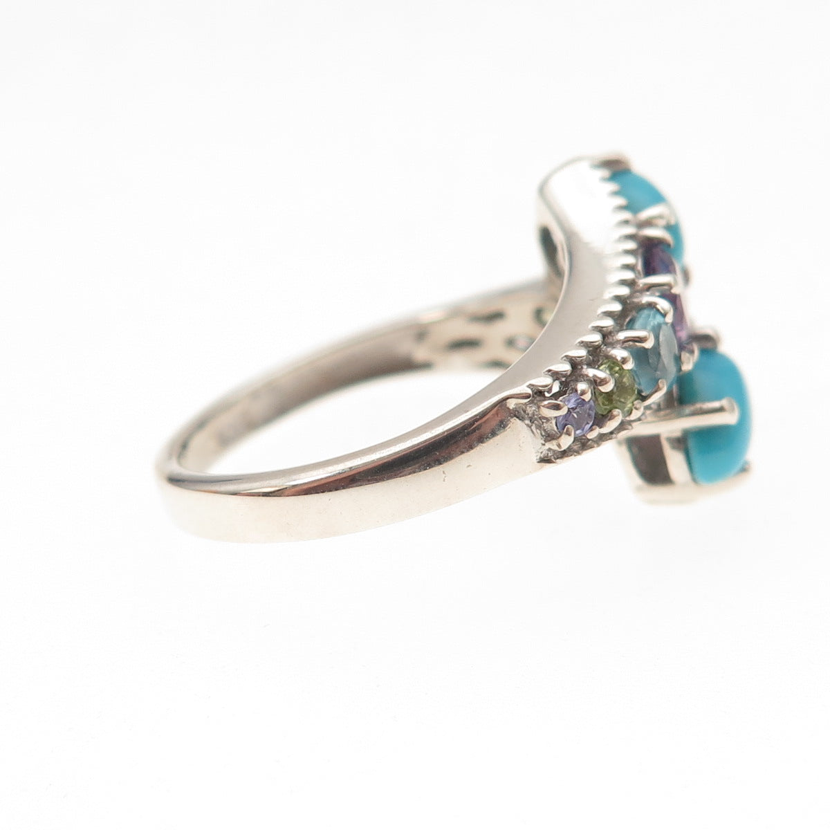 Chuck Clemency 925 Sterling Silver Real Turquoise & Multi-Gem Bypass Ring Size 6