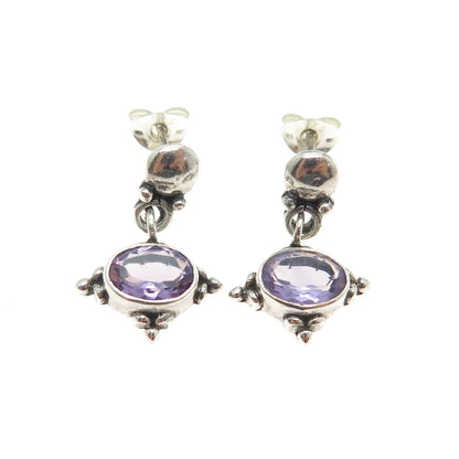 925 Sterling Silver Vintage Real Amethyst Granulated Oxidized Earrings