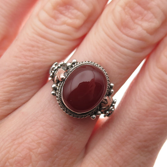 925 Sterling Silver 2-Tone Vintage Real Carnelian Oxidized Ring Size 6