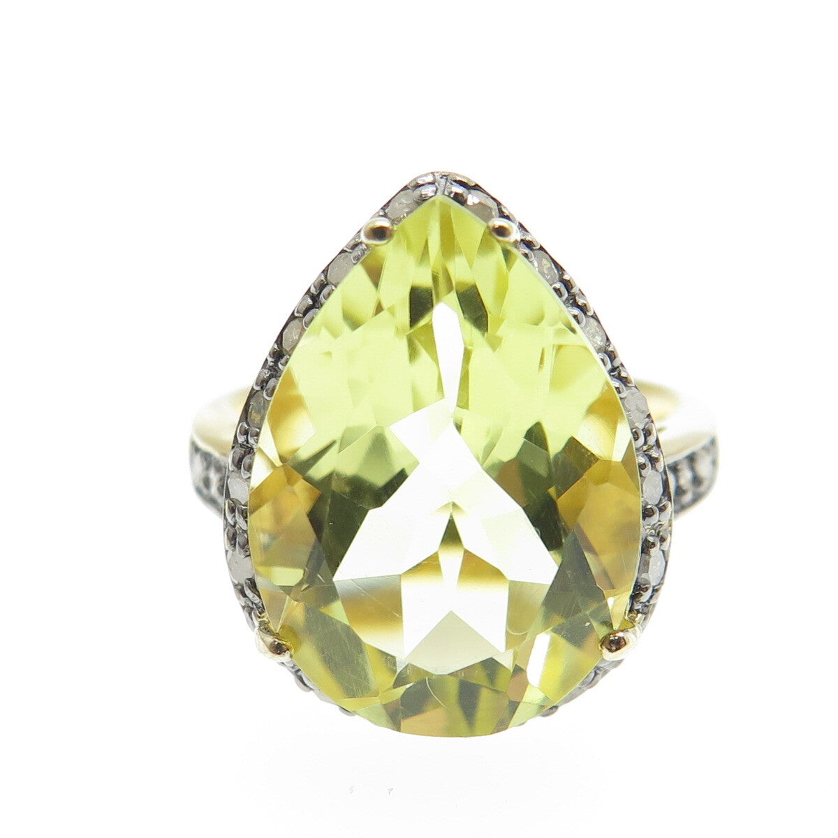 925 Sterling Silver Gold Plated Diamond & Pear-Cut Citrine Gem Ring Size 8.25